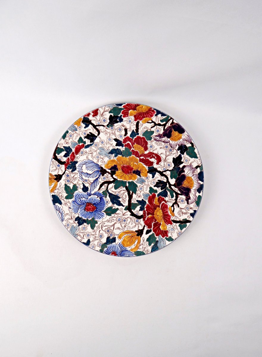 Circular Pie Dish In Gien Earthenware, Polychrome Decoration, Peony Pattern, Late 19th Century
