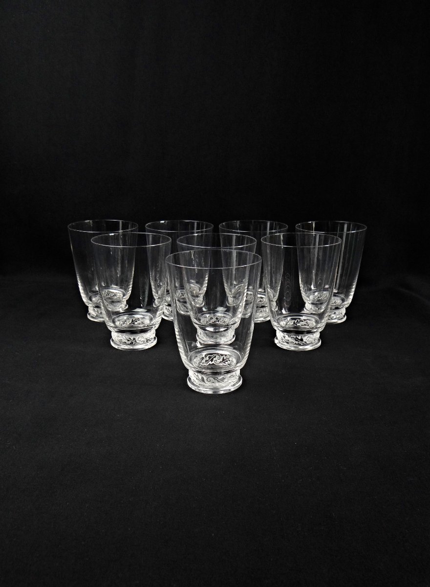 Lalique France série de 8 verres en cristal modèle Saint Hubert de 1950