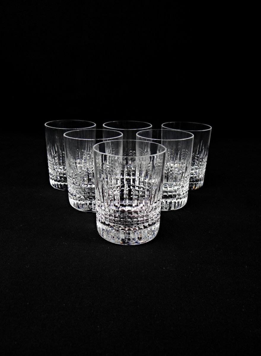 Baccarat France série de 6 gobelets à whisky en cristal modèle Nancy début XXe 