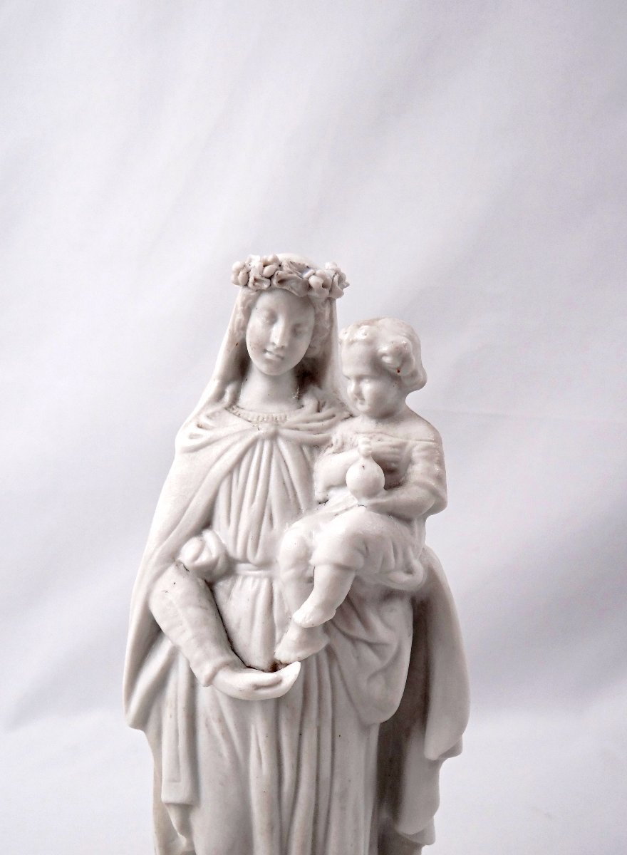 Vierge couronne de fleur à l'enfant en biscuit de porcelaine Art Nouveau fin XIXe-photo-4