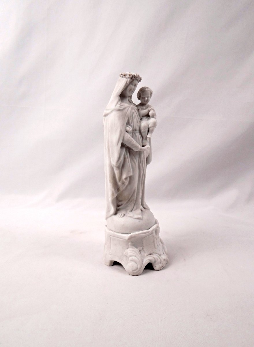Vierge couronne de fleur à l'enfant en biscuit de porcelaine Art Nouveau fin XIXe-photo-8