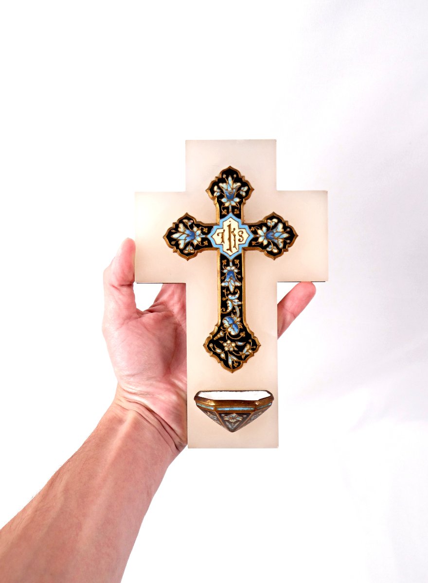 Bénitier crucifix mural en onyx bronze doré & émaux cloisonnés Art Nouveau mural fin XIXe-photo-2