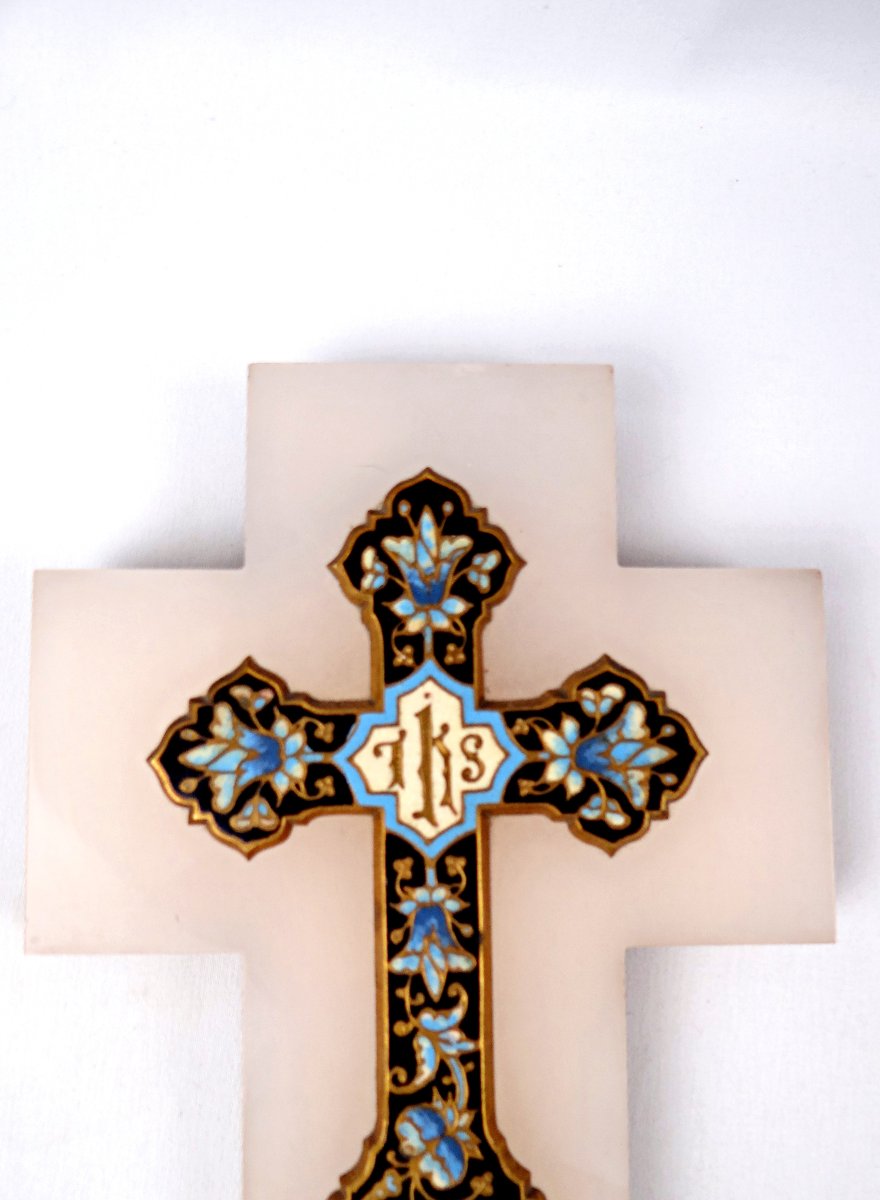 Bénitier crucifix mural en onyx bronze doré & émaux cloisonnés Art Nouveau mural fin XIXe-photo-3