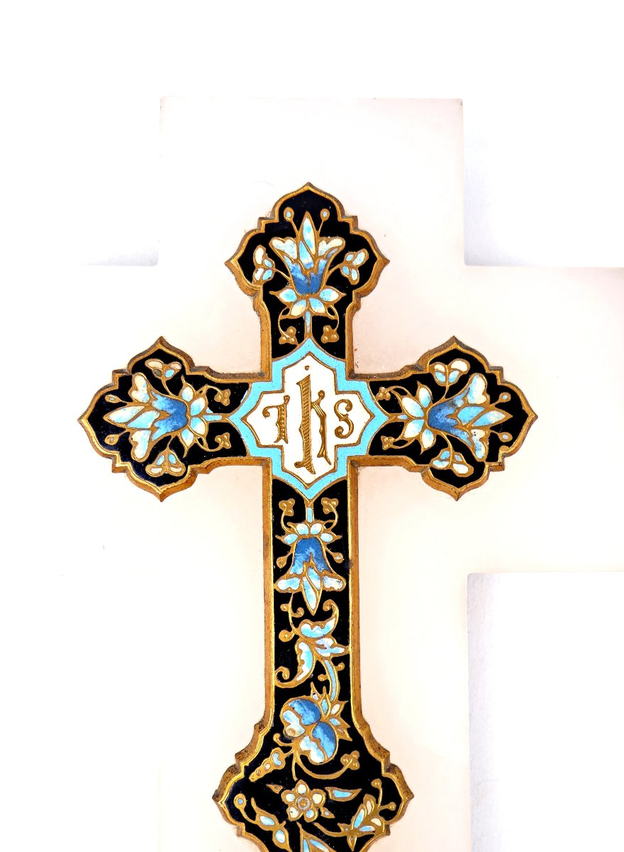 Bénitier crucifix mural en onyx bronze doré & émaux cloisonnés Art Nouveau mural fin XIXe-photo-4
