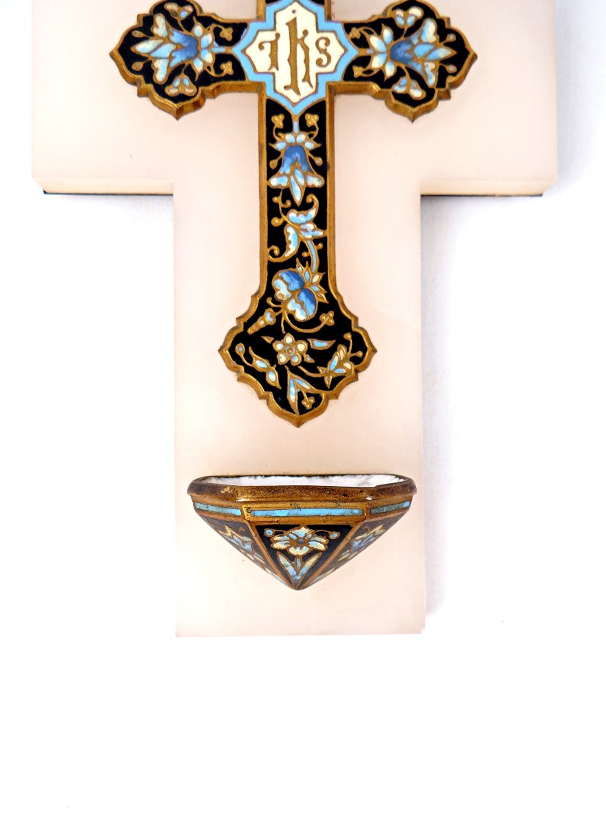 Bénitier crucifix mural en onyx bronze doré & émaux cloisonnés Art Nouveau mural fin XIXe-photo-1