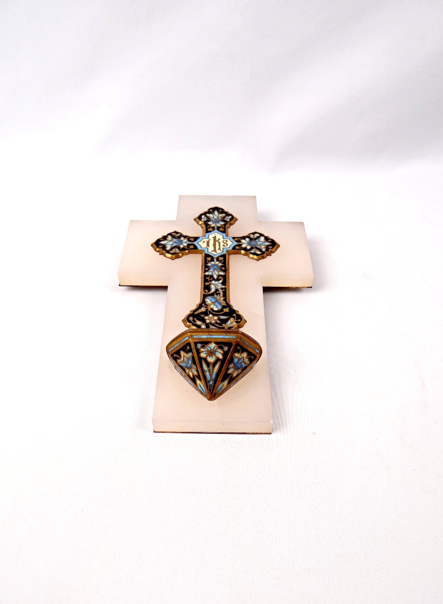 Bénitier crucifix mural en onyx bronze doré & émaux cloisonnés Art Nouveau mural fin XIXe-photo-3