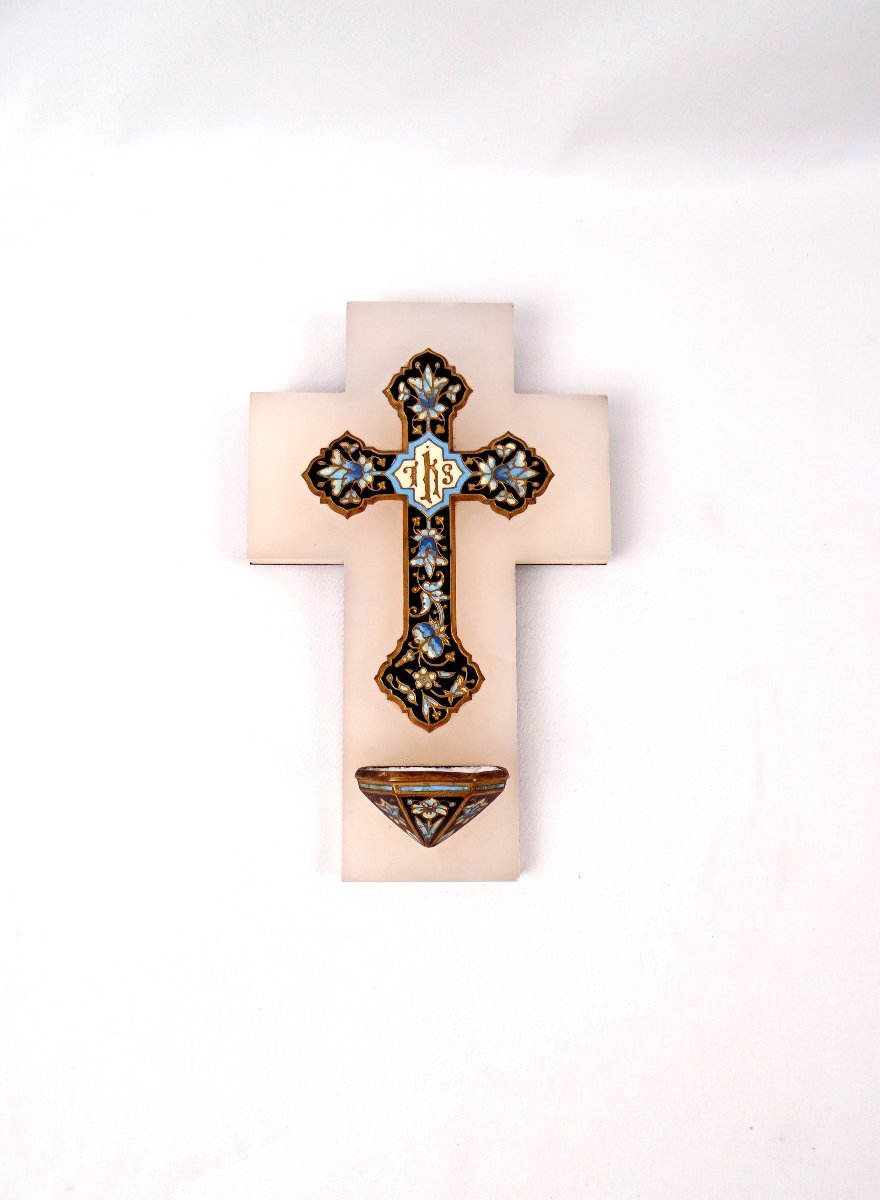 Bénitier crucifix mural en onyx bronze doré & émaux cloisonnés Art Nouveau mural fin XIXe