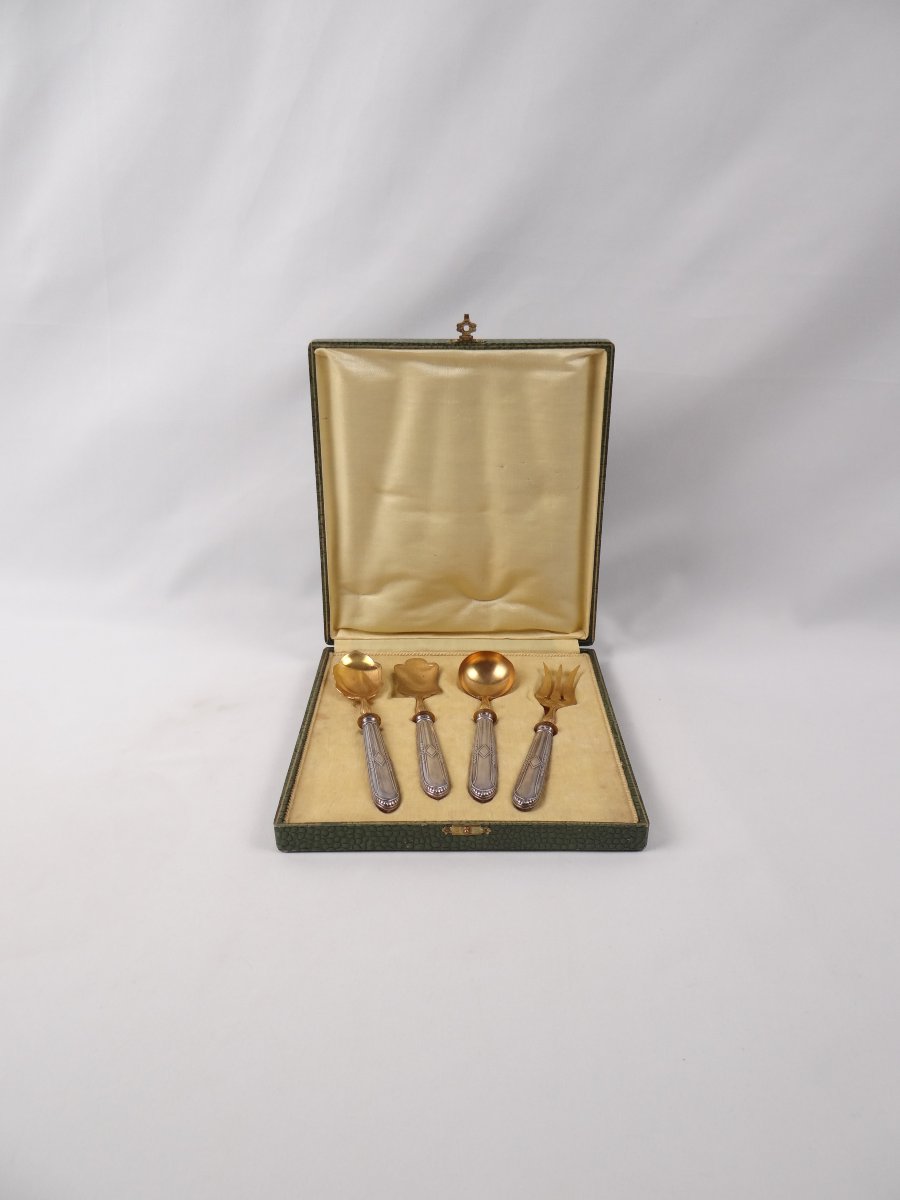 Service à mignardise Art Déco en argent tête de minerve & métal doré début XXe 