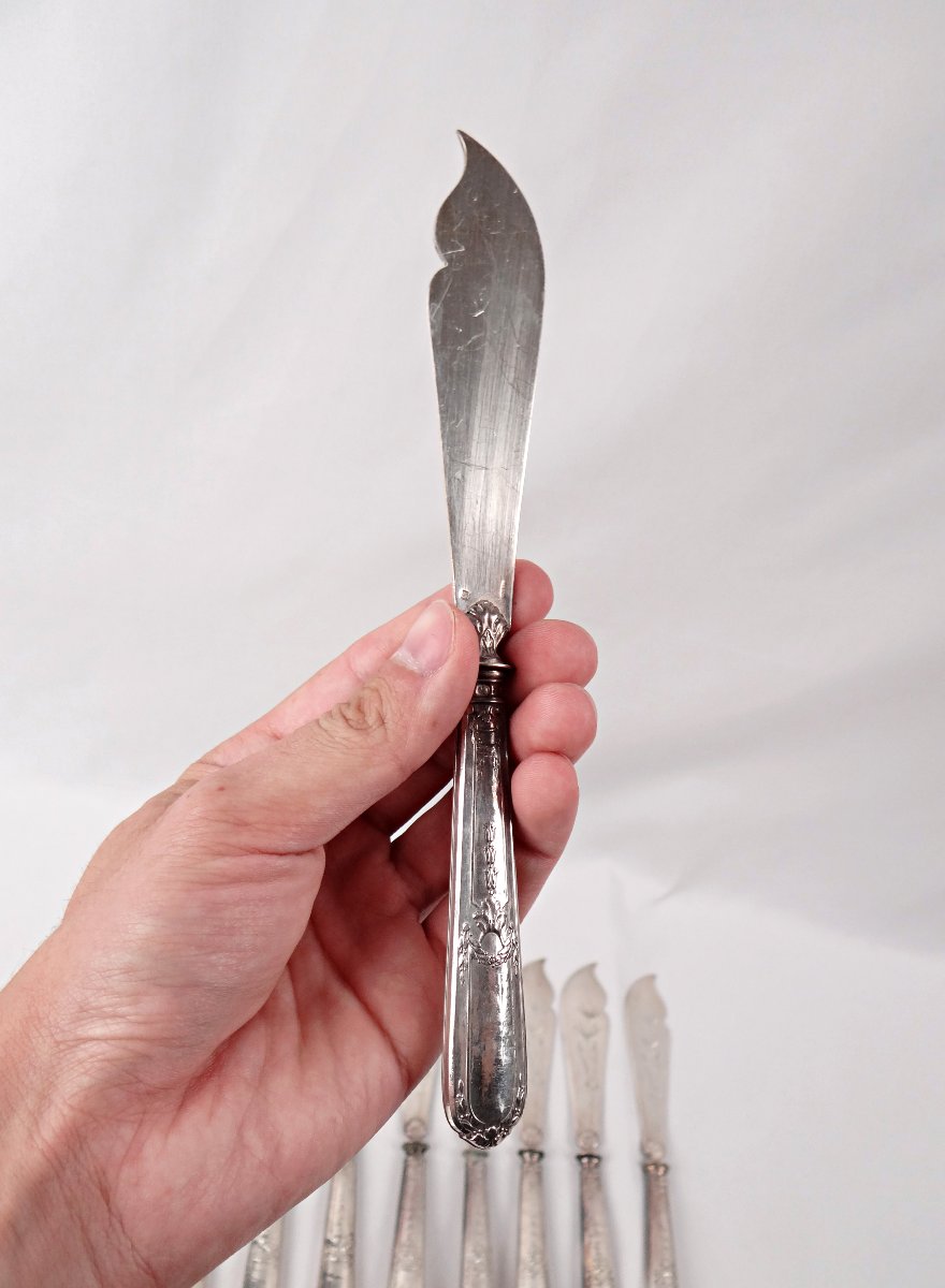 Couverts à poisson en argent 12 personnes style Louis XVI J. Blum Joaillier Strasbourg XIXe-photo-5