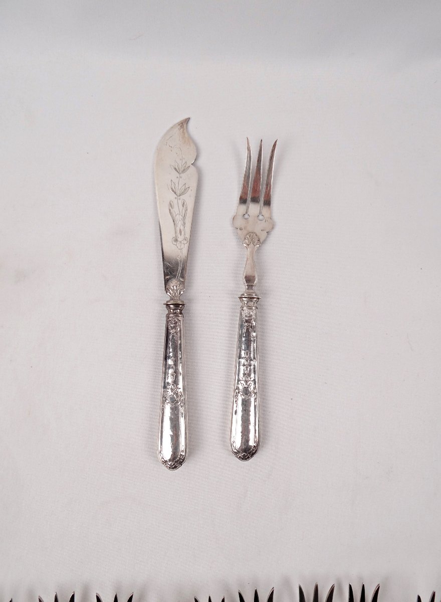 Couverts à poisson en argent 12 personnes style Louis XVI J. Blum Joaillier Strasbourg XIXe-photo-7