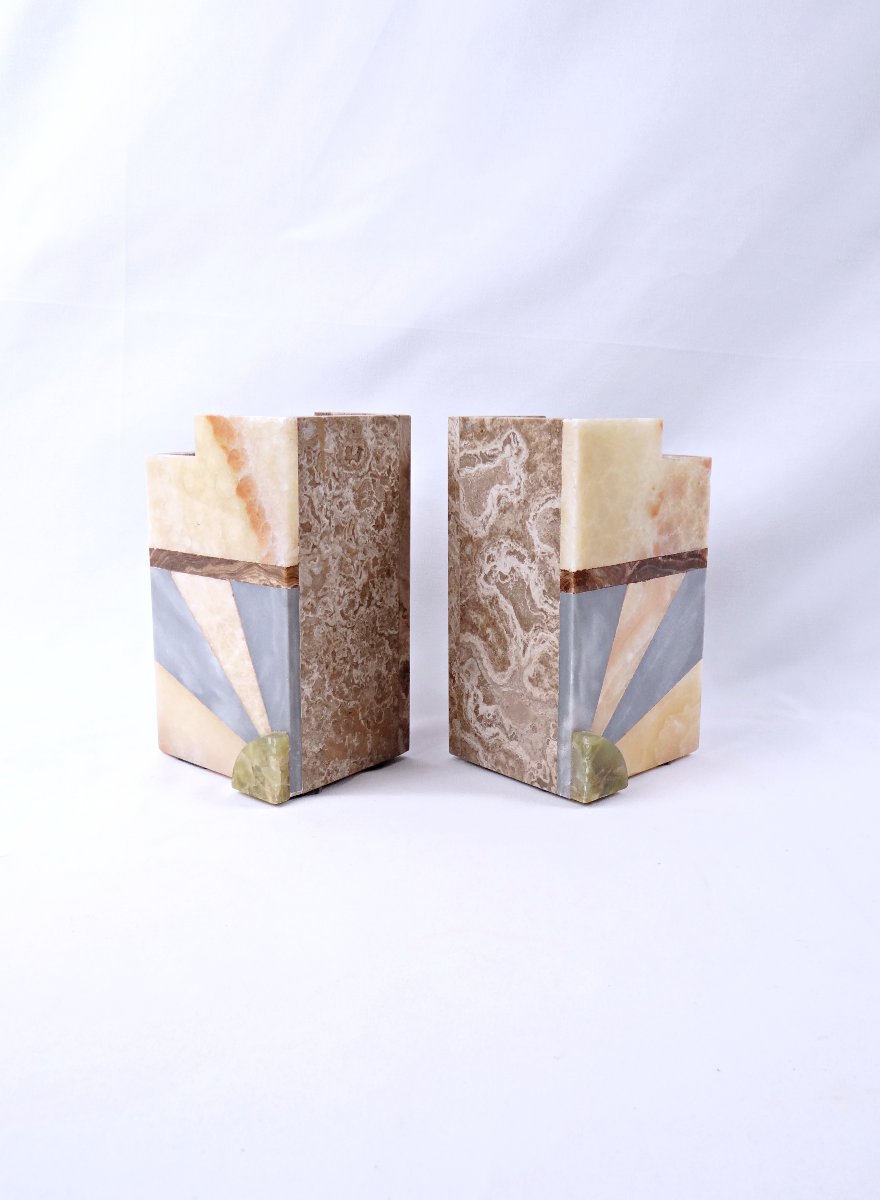Paire de serre-livres ou vases Art Déco en agate, onyx et marbre début XXe-photo-4