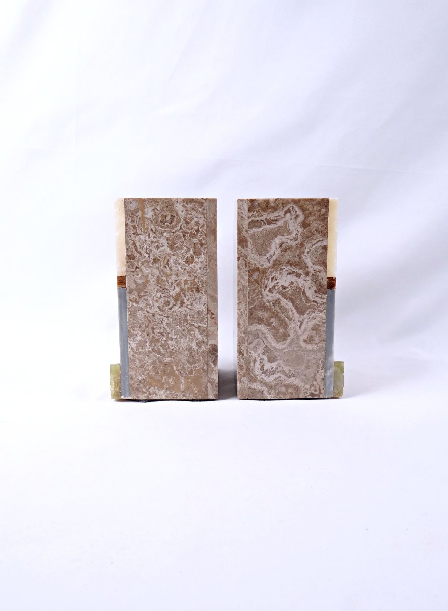 Paire de serre-livres ou vases Art Déco en agate, onyx et marbre début XXe-photo-1