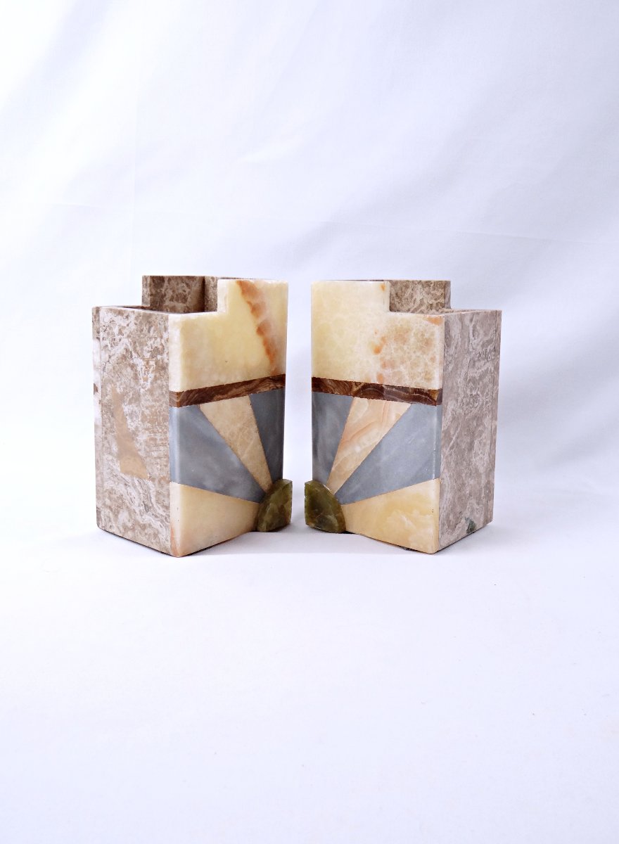 Paire de serre-livres ou vases Art Déco en agate, onyx et marbre début XXe-photo-5