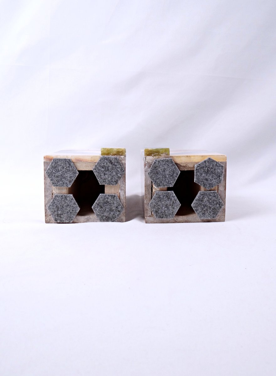 Paire de serre-livres ou vases Art Déco en agate, onyx et marbre début XXe-photo-6