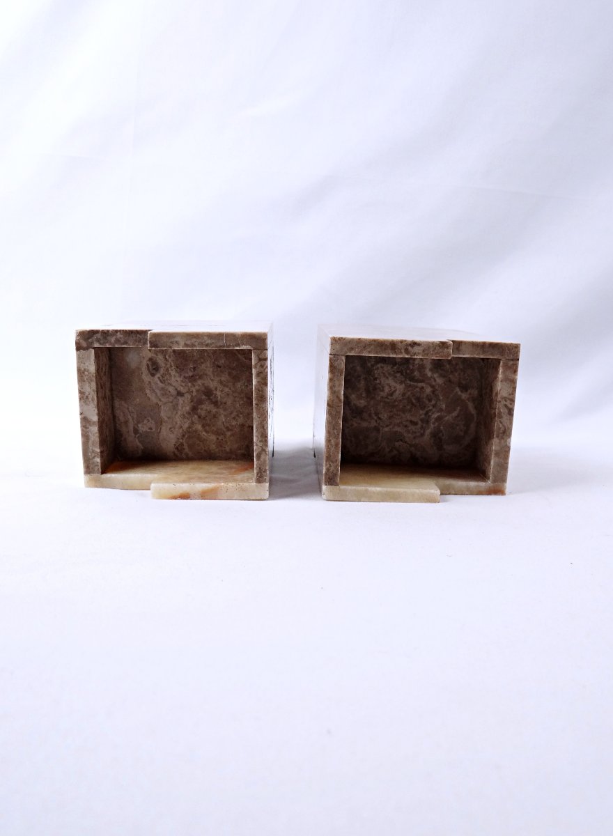 Paire de serre-livres ou vases Art Déco en agate, onyx et marbre début XXe-photo-7