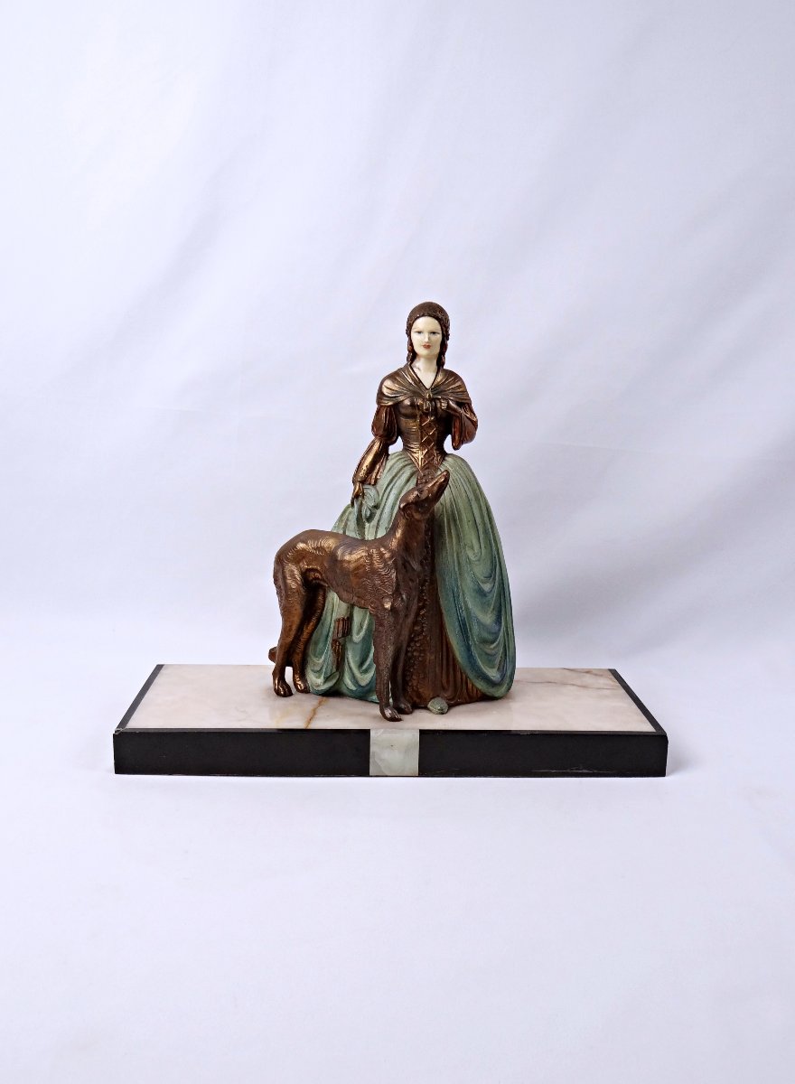 Art Deco Group Sculpture Of A Young Woman With A Greyhound, In Regul And Onyx, Signed R. Miandres, Early 20th Century -photo-2