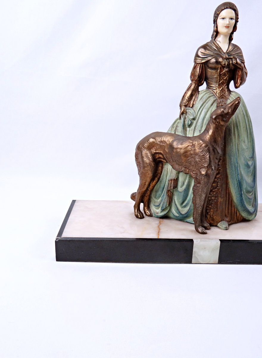 Art Deco Group Sculpture Of A Young Woman With A Greyhound, In Regul And Onyx, Signed R. Miandres, Early 20th Century -photo-3