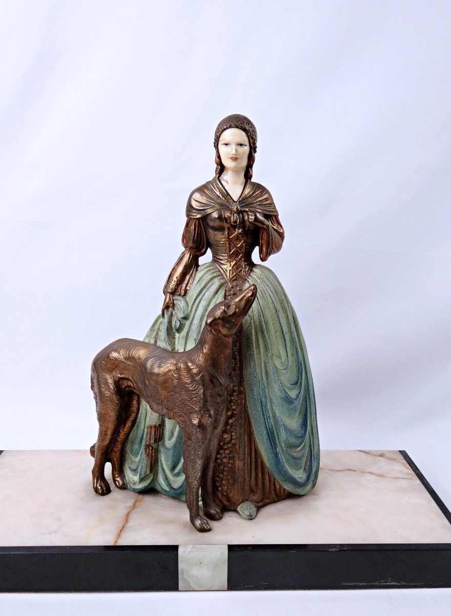Art Deco Group Sculpture Of A Young Woman With A Greyhound, In Regul And Onyx, Signed R. Miandres, Early 20th Century -photo-4