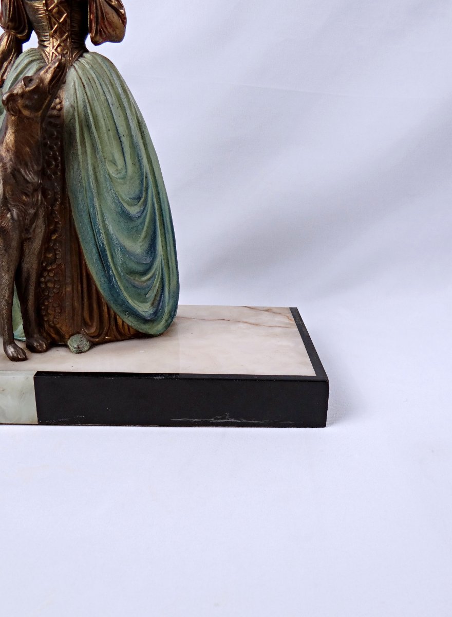 Art Deco Group Sculpture Of A Young Woman With A Greyhound, In Regul And Onyx, Signed R. Miandres, Early 20th Century -photo-1