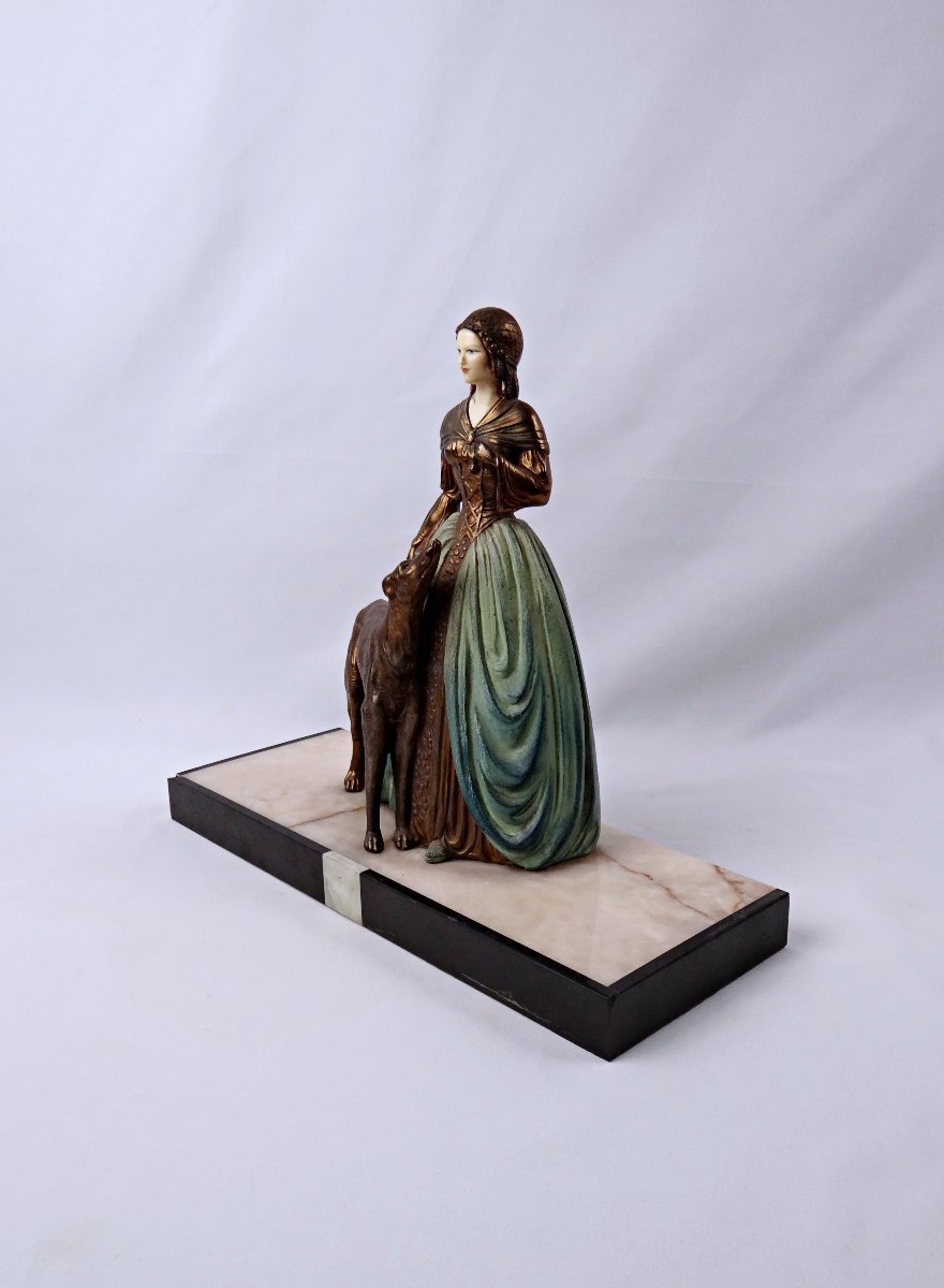 Art Deco Group Sculpture Of A Young Woman With A Greyhound, In Regul And Onyx, Signed R. Miandres, Early 20th Century -photo-2