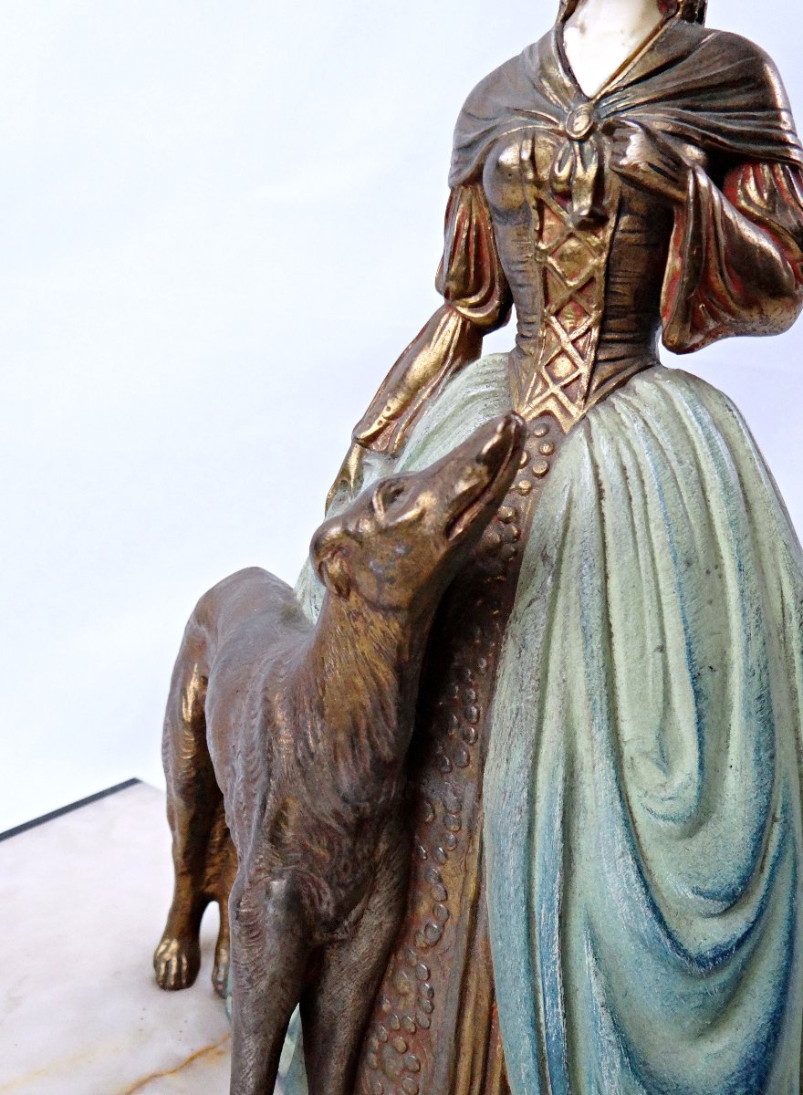 Art Deco Group Sculpture Of A Young Woman With A Greyhound, In Regul And Onyx, Signed R. Miandres, Early 20th Century -photo-3