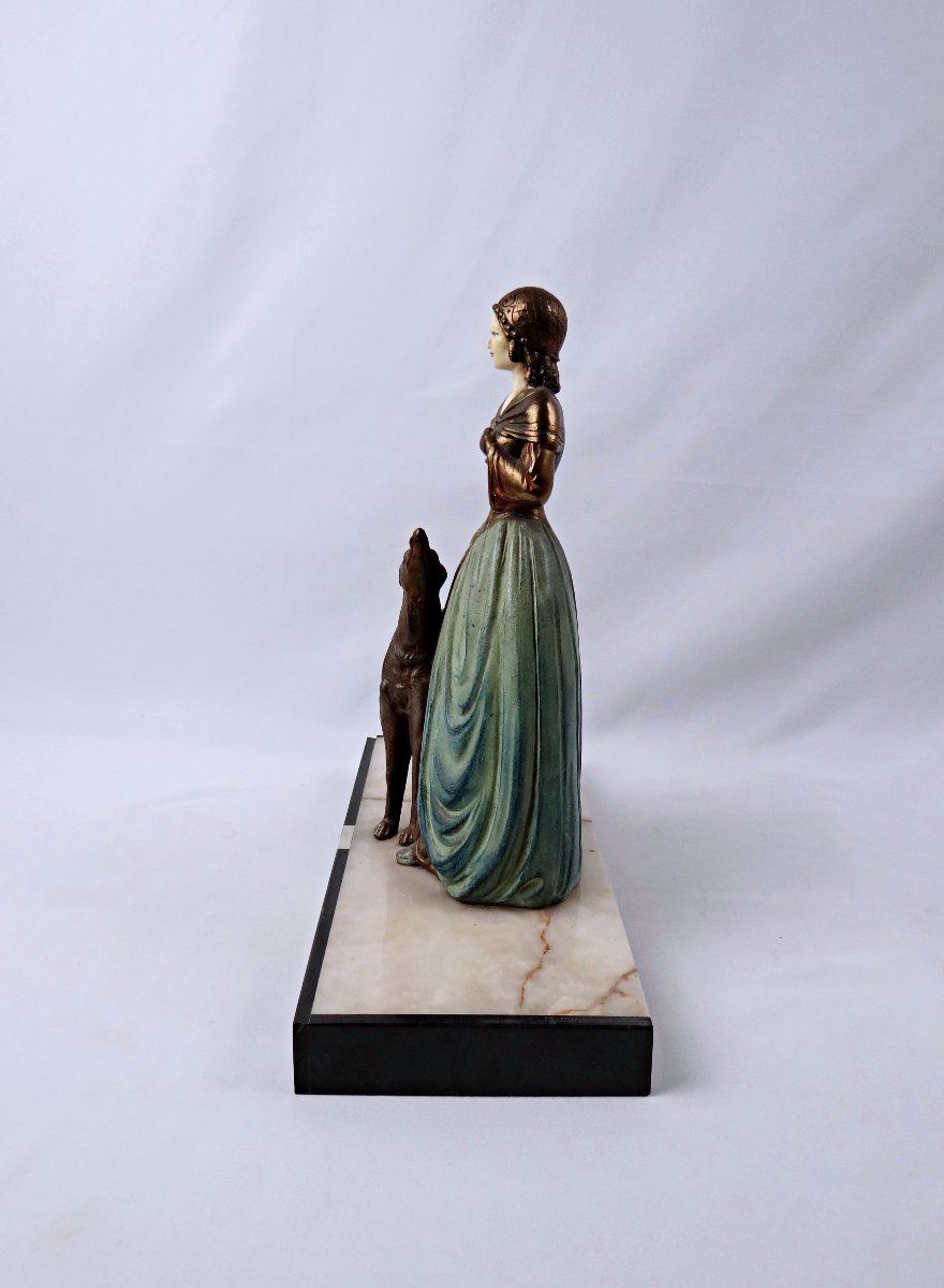 Art Deco Group Sculpture Of A Young Woman With A Greyhound, In Regul And Onyx, Signed R. Miandres, Early 20th Century -photo-4