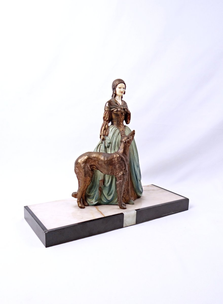 Art Deco Group Sculpture Of A Young Woman With A Greyhound, In Regul And Onyx, Signed R. Miandres, Early 20th Century -photo-8