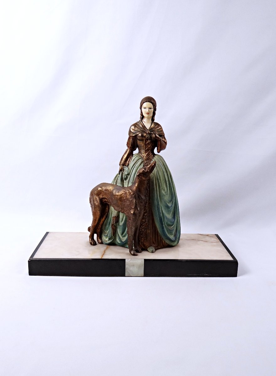 Art Deco Group Sculpture Of A Young Woman With A Greyhound, In Regul And Onyx, Signed R. Miandres, Early 20th Century 