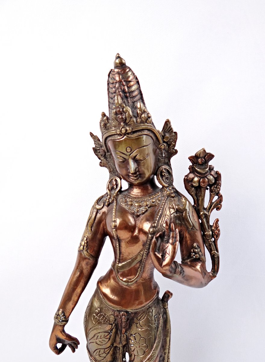 Sculpture en bronze cuivré Bodhisattva de Tara debout Tibet début XXe-photo-2