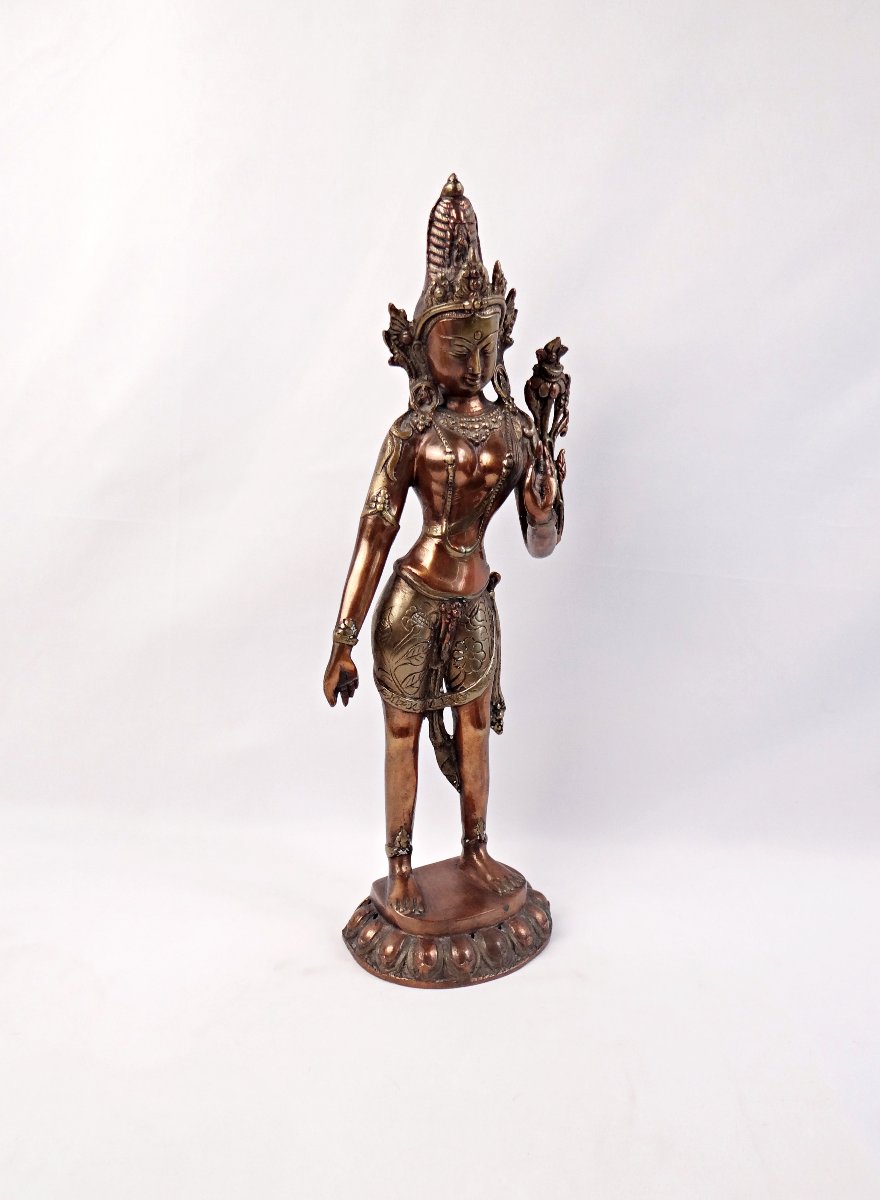 Sculpture en bronze cuivré Bodhisattva de Tara debout Tibet début XXe-photo-4