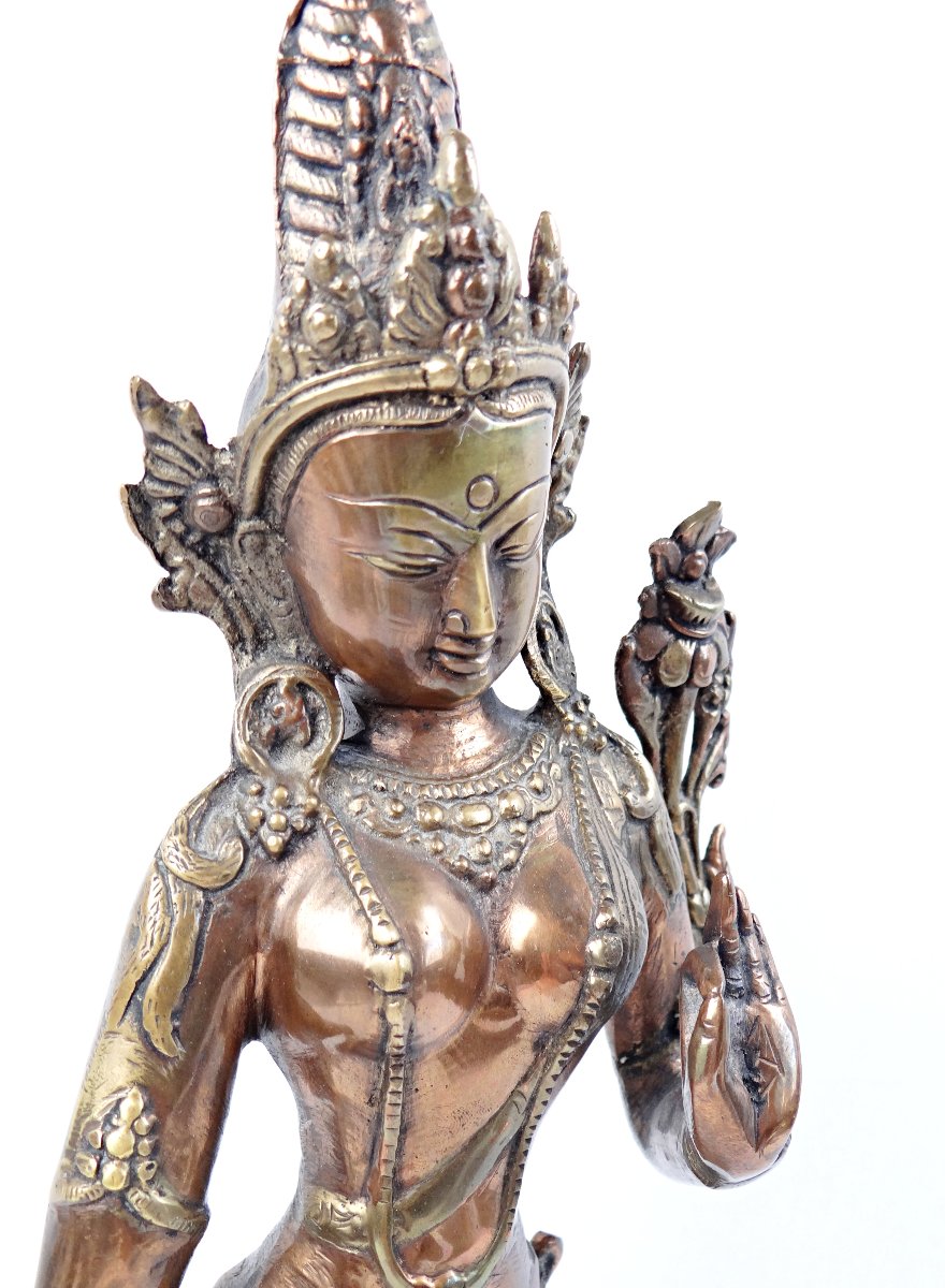 Sculpture en bronze cuivré Bodhisattva de Tara debout Tibet début XXe-photo-5