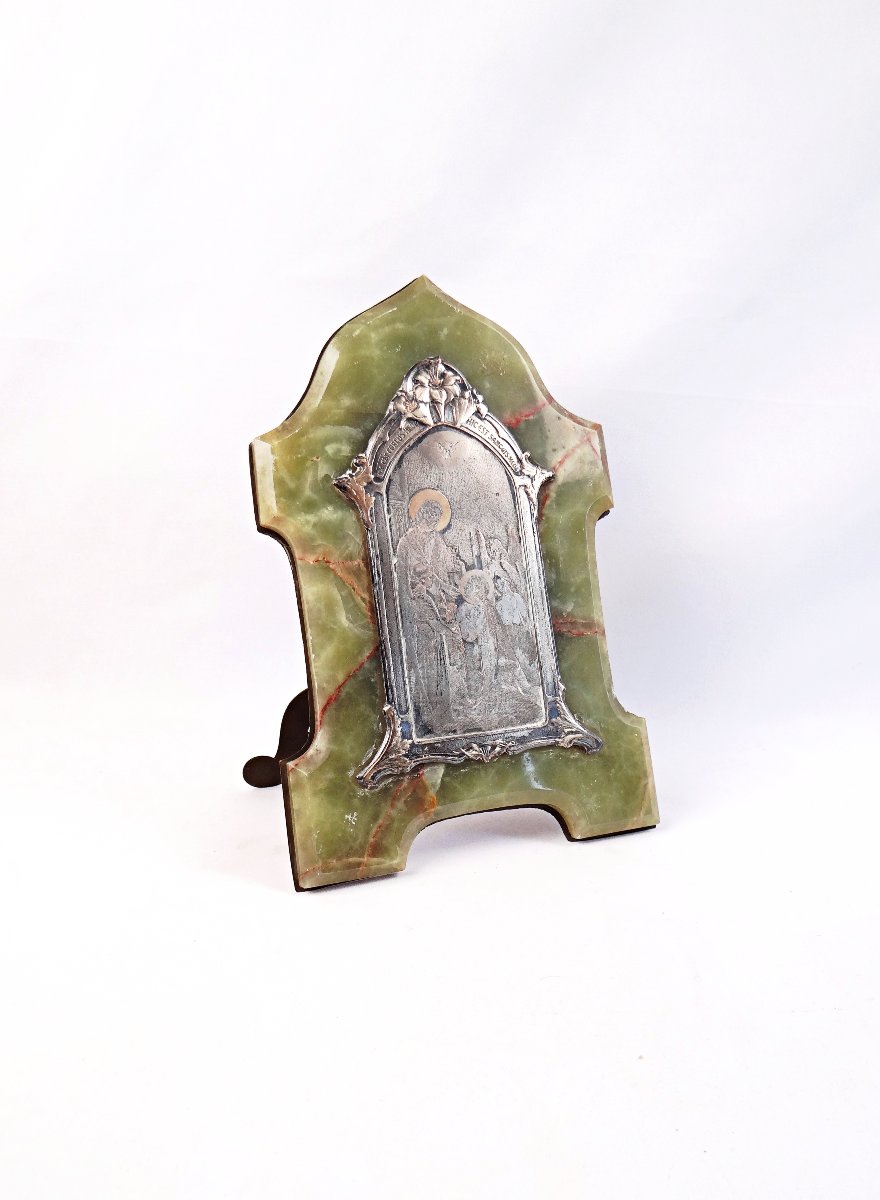 Plaque souvenir de communion Art Nouveau en onyx vert veiné & bronze début XXe -photo-2