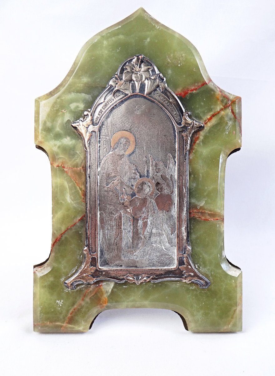 Plaque souvenir de communion Art Nouveau en onyx vert veiné & bronze début XXe -photo-3