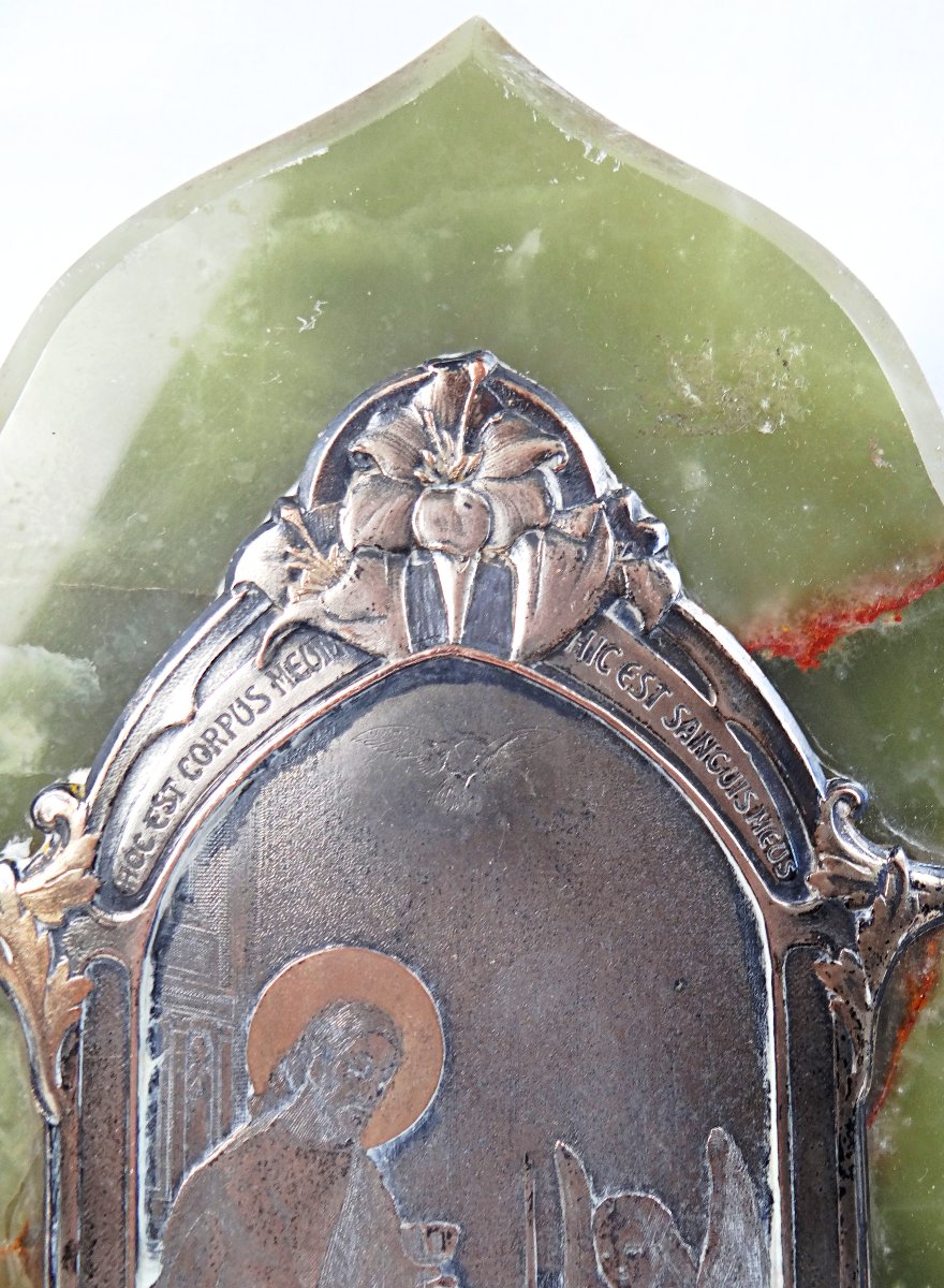 Plaque souvenir de communion Art Nouveau en onyx vert veiné & bronze début XXe -photo-4