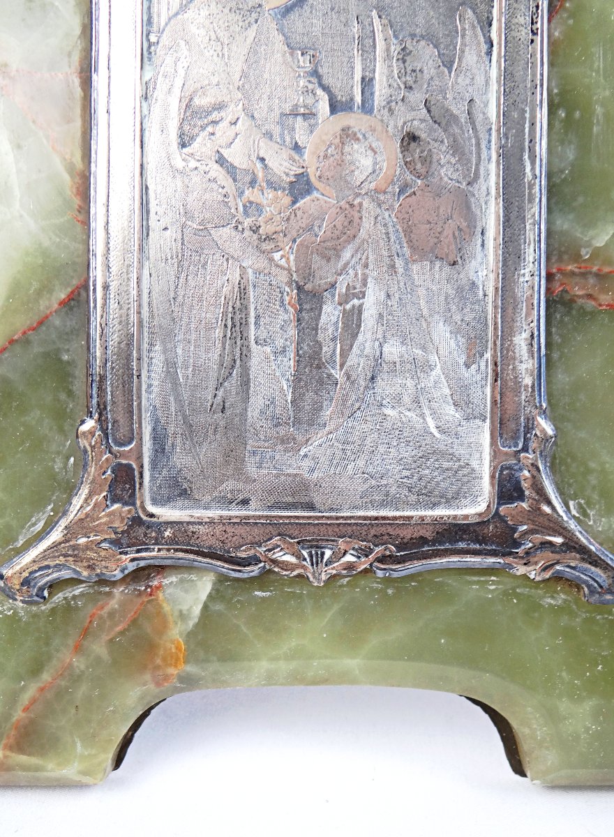 Plaque souvenir de communion Art Nouveau en onyx vert veiné & bronze début XXe -photo-1
