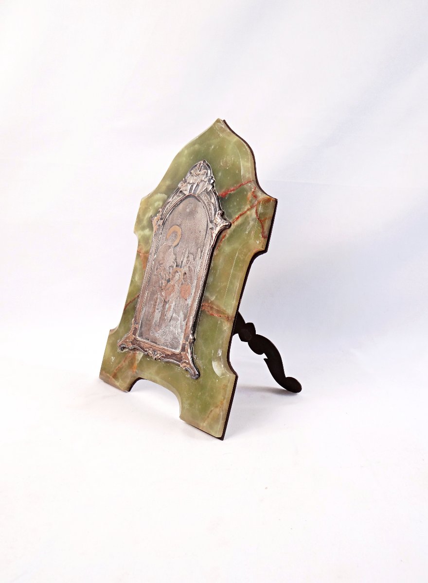 Plaque souvenir de communion Art Nouveau en onyx vert veiné & bronze début XXe -photo-3
