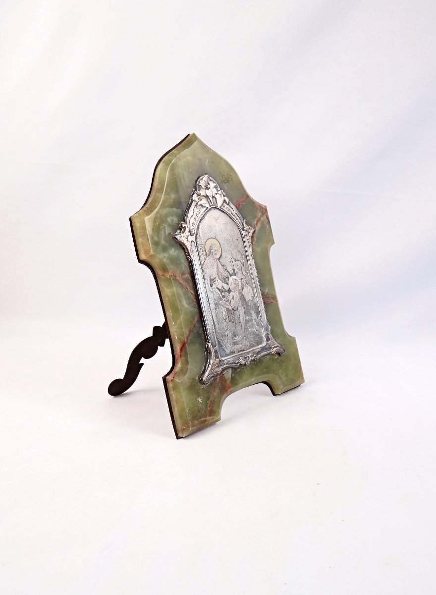 Plaque souvenir de communion Art Nouveau en onyx vert veiné & bronze début XXe -photo-7