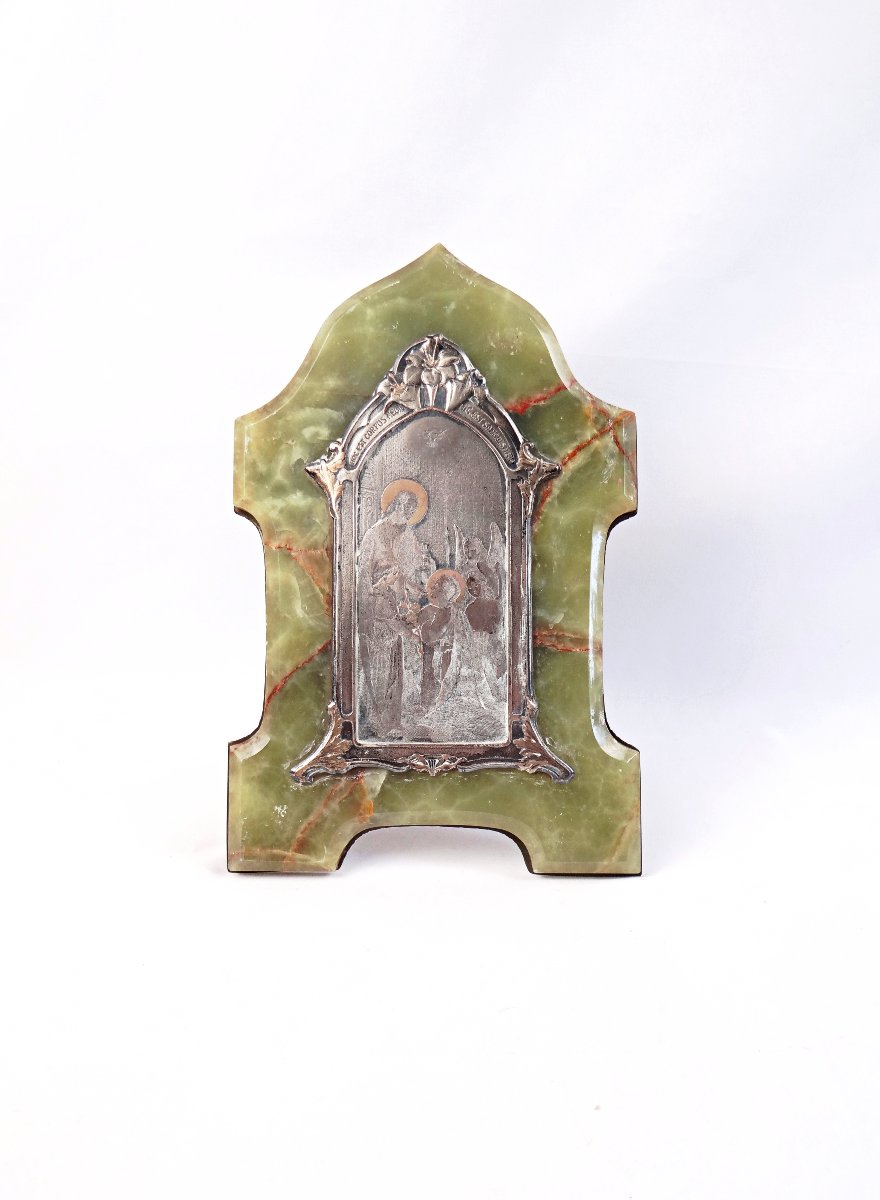 Plaque souvenir de communion Art Nouveau en onyx vert veiné & bronze début XXe 