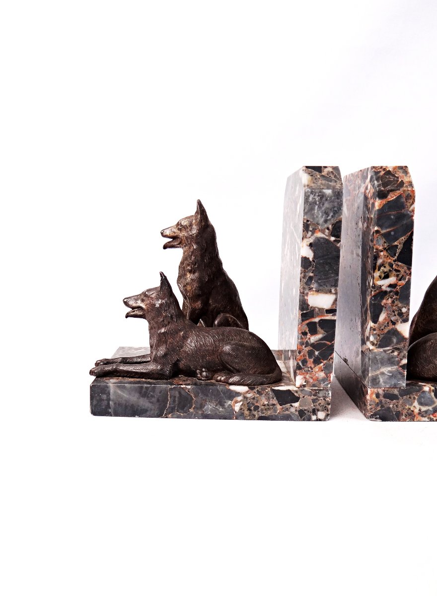 Pair Of Art Deco Bookends Featuring Standard-sized Sheepdogs On A Marble Base, Early 20th Century-photo-2