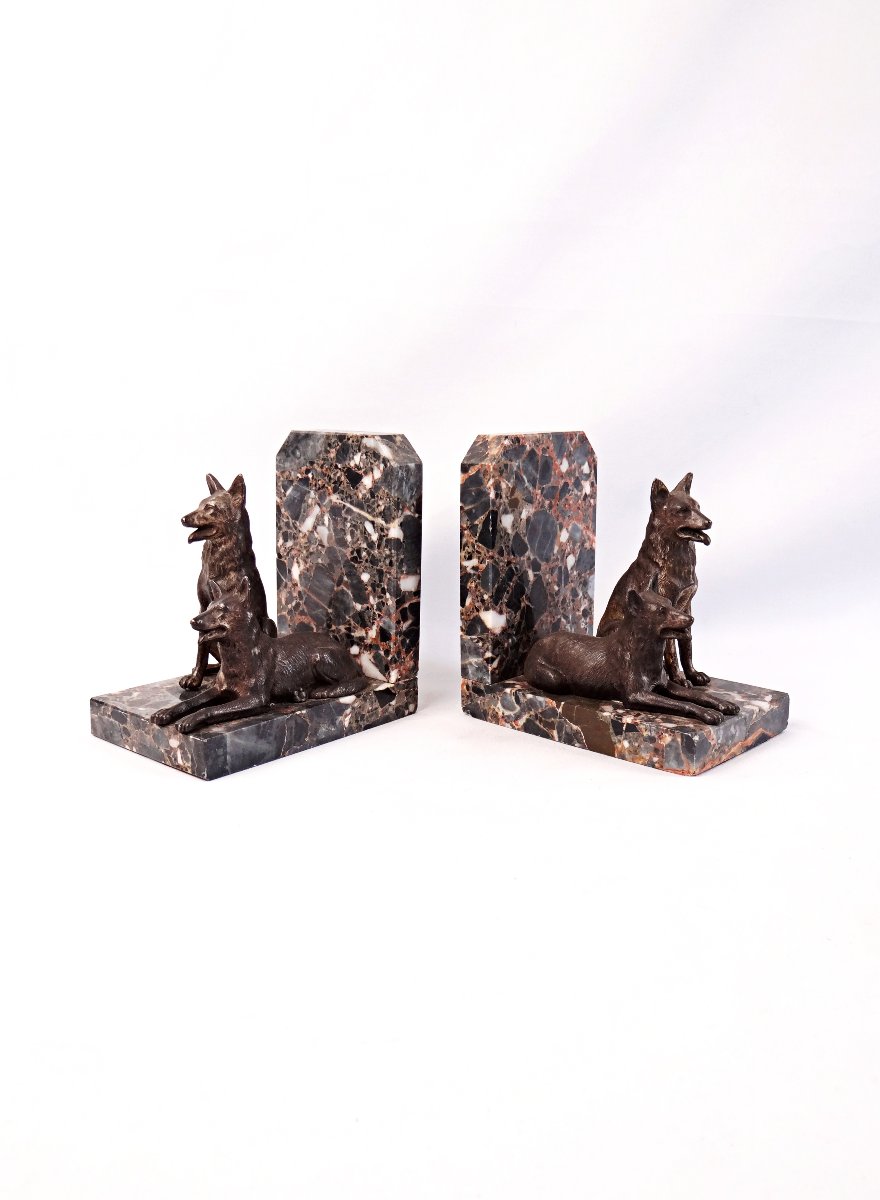 Pair Of Art Deco Bookends Featuring Standard-sized Sheepdogs On A Marble Base, Early 20th Century-photo-4