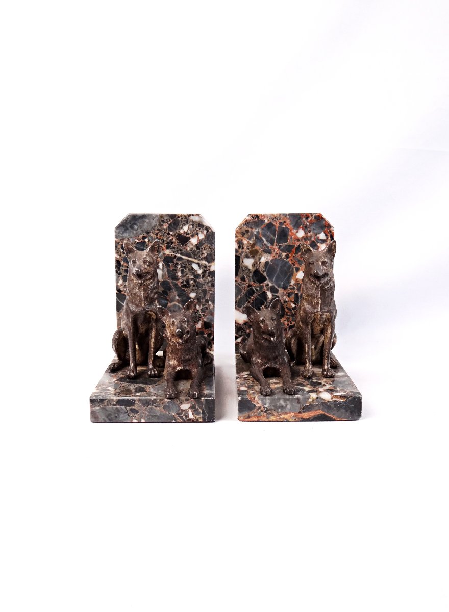 Pair Of Art Deco Bookends Featuring Standard-sized Sheepdogs On A Marble Base, Early 20th Century-photo-1