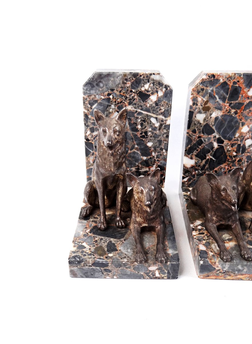 Pair Of Art Deco Bookends Featuring Standard-sized Sheepdogs On A Marble Base, Early 20th Century-photo-2