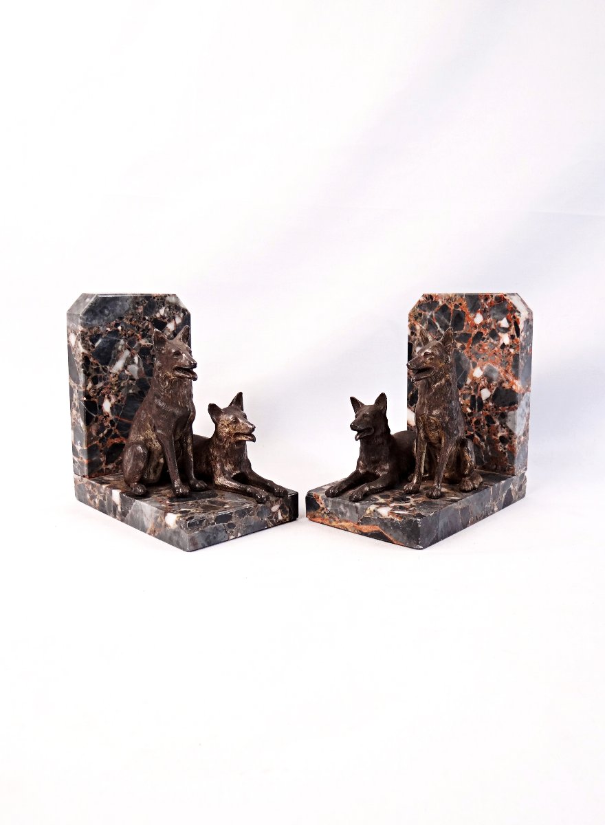 Pair Of Art Deco Bookends Featuring Standard-sized Sheepdogs On A Marble Base, Early 20th Century-photo-4