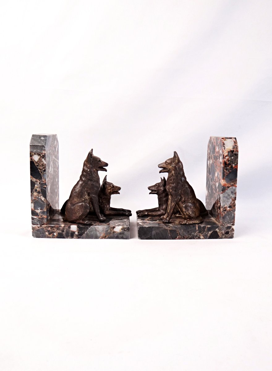 Pair Of Art Deco Bookends Featuring Standard-sized Sheepdogs On A Marble Base, Early 20th Century-photo-5