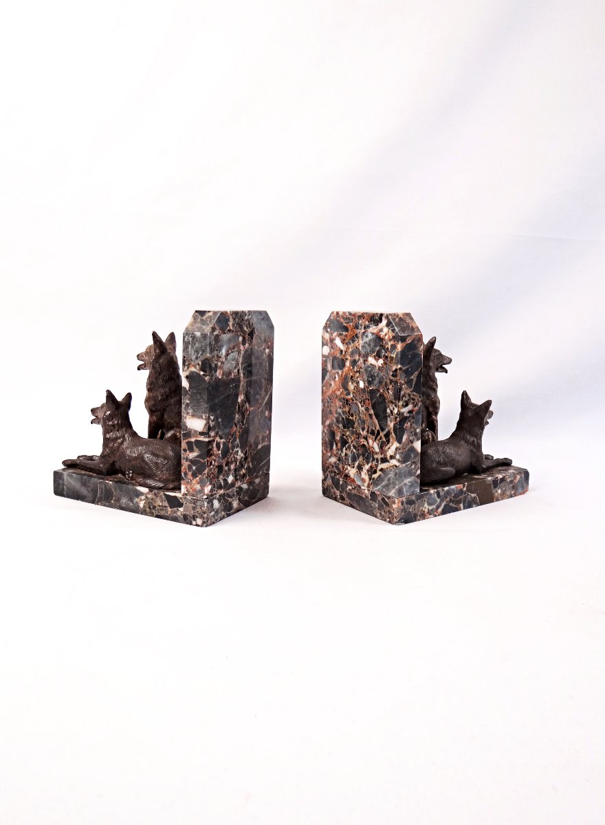 Pair Of Art Deco Bookends Featuring Standard-sized Sheepdogs On A Marble Base, Early 20th Century-photo-6