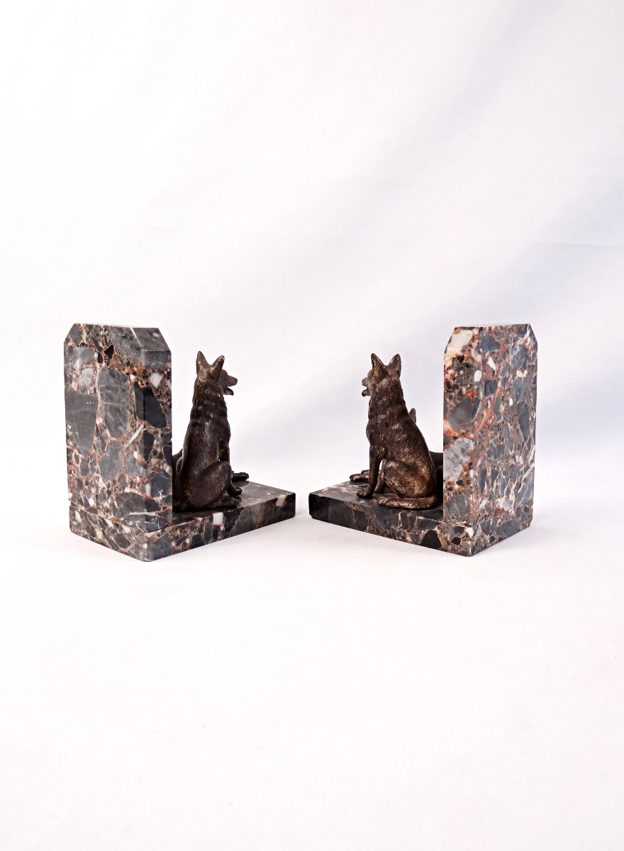 Pair Of Art Deco Bookends Featuring Standard-sized Sheepdogs On A Marble Base, Early 20th Century-photo-8