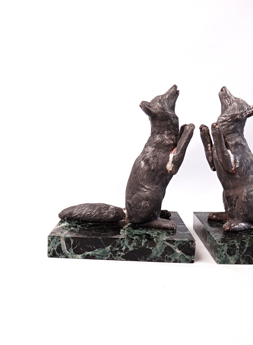 Pair Of Art Deco Fox-motif Bookends On Green Marble, Early 20th Century-photo-2