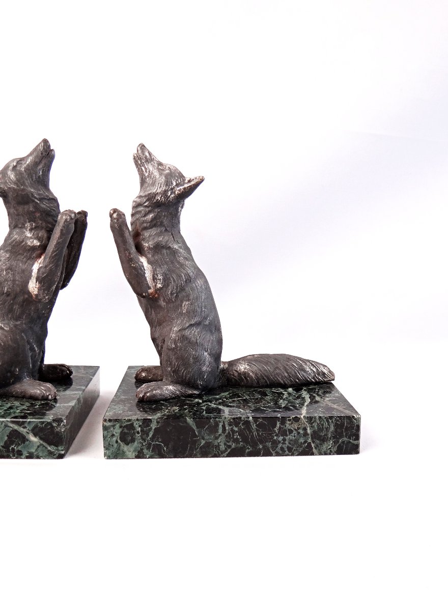 Pair Of Art Deco Fox-motif Bookends On Green Marble, Early 20th Century-photo-3