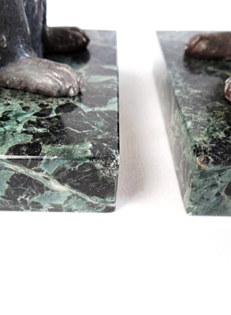 Pair Of Art Deco Fox-motif Bookends On Green Marble, Early 20th Century-photo-4