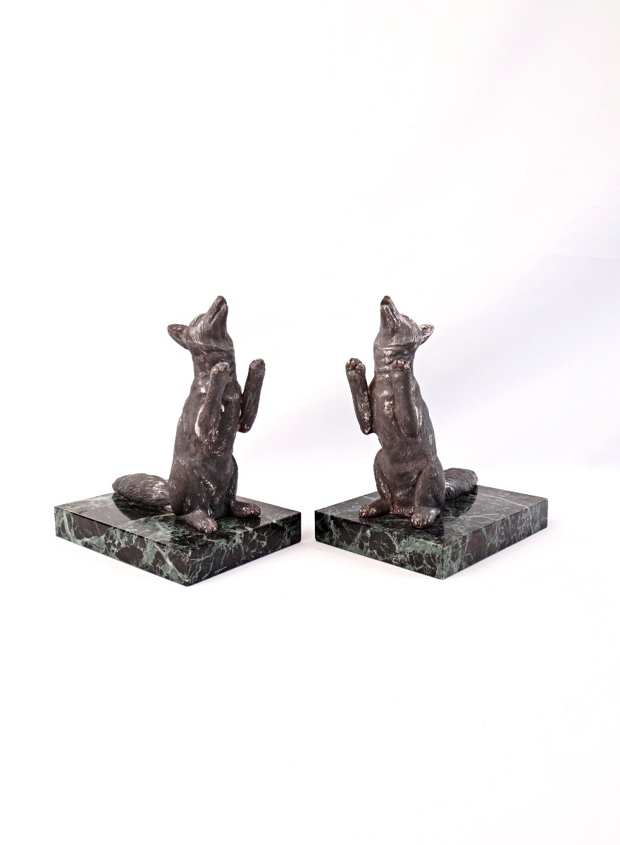 Pair Of Art Deco Fox-motif Bookends On Green Marble, Early 20th Century-photo-1